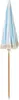 A light blue and white striped beach umbrella with fringe detail and a wooden pole, presented against a white background. Produktbild-Vorschau