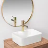 A white rectangular vessel sink with a gold faucet is shown on a wooden surface, with a gold-rimmed mirror in the background. Anteprima dell’immagine prodotto