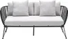 A studio shot of a modern outdoor sofa with light gray cushions and a black woven frame. Produktbild-Vorschau
