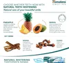 Marketing image for Himalaya Natural Teeth Whitening Toothpaste Range, showcasing key ingredients like pineapple, papaya, miswak, and cloves, along with product packaging. Produktbild-Vorschau
