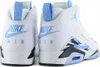 A pair of white and blue Air Jordan sneakers shown from the back. Produktbild-Vorschau