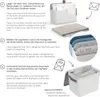 An instructional image showing how to use a document organizer with three steps, featuring product illustrations and text in multiple languages. Produktbild-Vorschau