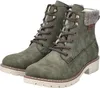 A pair of green women's boots with brown laces and white soles, presented on a white background. Produktbild-Vorschau