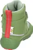 Rear view of a green children's boot with a red pull tab and a small dragon graphic. Produktbild-Vorschau