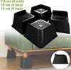 A collage of black furniture risers placed under a green upholstered couch and a close-up of a single riser. Produktbild-Vorschau