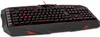 A black gaming keyboard with red backlighting, shown from a slightly elevated side angle on a white background. Produktbild-Vorschau