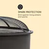 Close-up of a fire pit with a mesh cover, accompanied by marketing text and a shield icon. Produktbild-Vorschau