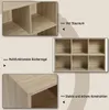 Collage of images showcasing a light oak colored bookshelf with text highlighting its features. Produktbild-Vorschau