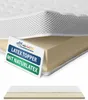 A close-up view of a latex mattress topper with a white quilted cover and a beige latex core, with a label indicating product details. Náhled obrázku produktu