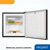 An open mini-refrigerator with food items inside and a close-up of the freezer door. The brand logo and slogan are at the bottom. Produktbild-Vorschau