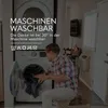 A man is loading laundry into a washing machine, with text overlays about machine washability. Produktbild-Vorschau