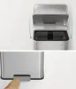A split image showing a stainless steel trash can with its lid open and a close-up of a foot pressing the pedal. Produktbild-Vorschau