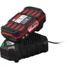 A black and red battery pack is charging on a black charging base. Produktbild-Vorschau