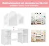Collage of images showing a white children's vanity desk with a mirror and shelves, and a smaller inset image of a similar desk set up with toys and decorations. Produktbild-Vorschau