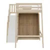 A loft bed with a wardrobe and stairs against a white background. Voir les images du produit