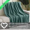 A teal fleecy blanket draped over a sofa, with a green 'eco' banner and text overlay about recycled materials. Náhľad obrázku produktu