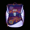 A Scout brand backpack with a fantasy theme, featuring colorful patterns and embroidered patches of a monster and a sunflower. Náhľad obrázku produktu