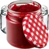 A close-up view of a glass jar filled with red jam, with its lid placed next to it. Another empty glass jar is visible in the background. Anteprima dell’immagine prodotto