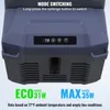 Close-up of the top control panel and front vents of a portable car refrigerator, with marketing text overlaying the bottom. Voir les images du produit