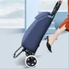 A person's leg is shown stepping up a stair with a blue shopping trolley. Produktbild-Vorschau