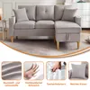 A light gray sectional sofa with a chaise lounge is shown in a living room setting. Below the sofa are four smaller images highlighting product features. Náhľad obrázku produktu
