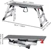 Two images of a foldable aluminum work platform, one extended and one folded. Dimensions are shown in inches and centimeters. Podgląd zdjęcia produktu