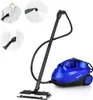 A blue steam cleaner with various attachments shown in inset images demonstrating its use on clothing, tiles, and windows. Produktbild-Vorschau