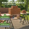 Two sawhorses supporting a wooden plank with stacks of bricks on top, set in an outdoor construction or DIY environment. Produktbild-Vorschau