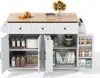 A white kitchen island with a wooden countertop is shown with its doors and drawers open, displaying various kitchen items. Voir les images du produit