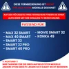 A dark blue background with text and warning symbols related to a remote control compatibility. Produktbild-Vorschau