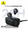 A product image for Baseus Bowie E18 wireless earbuds, showing the earbuds and charging case, with promotional text about battery life. Anteprima dell’immagine prodotto
