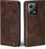 Two views of a brown leather flip case for a smartphone, showing the exterior and the camera cutout. Produktbild-Vorschau