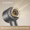 Close-up of a hairdryer with stylized airflow and ion particles emanating from the nozzle, with text overlays. Náhled obrázku produktu