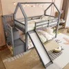A child's bedroom with a grey bunk bed featuring a slide and stairs, decorated with fairy lights. Produktbild-Vorschau