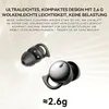 Close-up of two black in-ear headphones on a light, abstract background with radiating lines. Produktbild-Vorschau