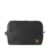 A black toiletry bag with a brown logo is shown against a white background.