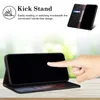 A hand is shown interacting with a smartphone in a leather case, demonstrating the kickstand feature. The case is black with brown accents. Produktbild-Vorschau