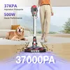 A person is using a cordless vacuum cleaner to clean up debris on a floor, with a dog lying on a rug in the background. Promotional text is overlaid on the image. Voir les images du produit