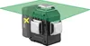 A 3D render of a laser level with a green laser grid projected. Produktbild-Vorschau