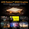 Marketing image showing the AMD Radeon 890M graphics chip and performance benchmarks for various games. Produktbild-Vorschau