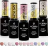 A collection of Victoria Vynn Salon Gel Polish Base bottles with different colored caps and labels, displayed on a white background. Below the bottles are swatches of various nail polish colors. Náhled obrázku produktu