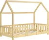 A wooden bed frame with a house-like structure and safety rails, shown against a white background. Produktbild-Vorschau