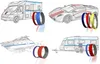 Collage of four different vehicles (RV, sports car, boat, caravan) with decorative stripes and color swatches. Produktbild-Vorschau