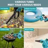A collage of four images showing a cordless leaf blower being used for different purposes: yard cleaning, inflating a pool float, grilling, and blowing wood chips. Produktbild-Vorschau