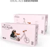 Two pink product boxes for a Kinderkraft FLY PLUS balance bike are shown. One box is in the foreground with a child and the bike depicted on it, while the other box is behind it and shows an illustration of the bike. Náhľad obrázku produktu