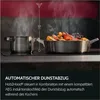 Two pots on a stovetop with steam rising, and text describing an automatic hood system. Voir les images du produit