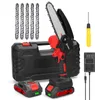 A collection of items for a mini chainsaw kit, including the chainsaw, batteries, chains, charger, and storage case, laid out on a white background. Produktbild-Vorschau