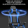 A gaming chair with blue accents and glowing blue rings around it, with German text above. Produktbild-Vorschau