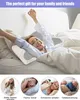 A woman is stretching in bed with a pillow, and four circular images below show people sleeping in different positions and experiencing discomfort. Produktbild-Vorschau