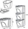 Diagrams and illustrations of stackable trash bins with dimensions. Voir les images du produit